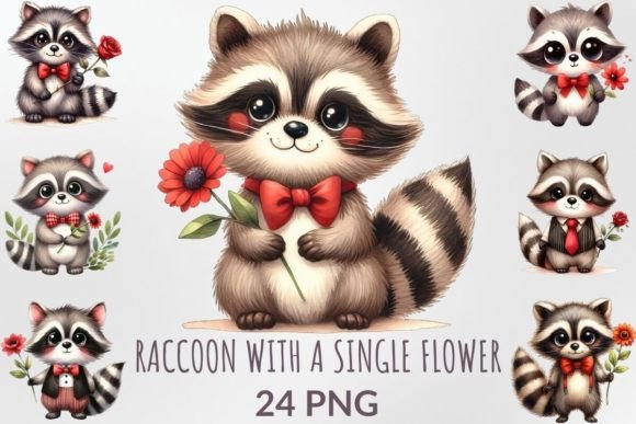 Download Watercolor Raccoon with a Single Flower - Single flower Collection